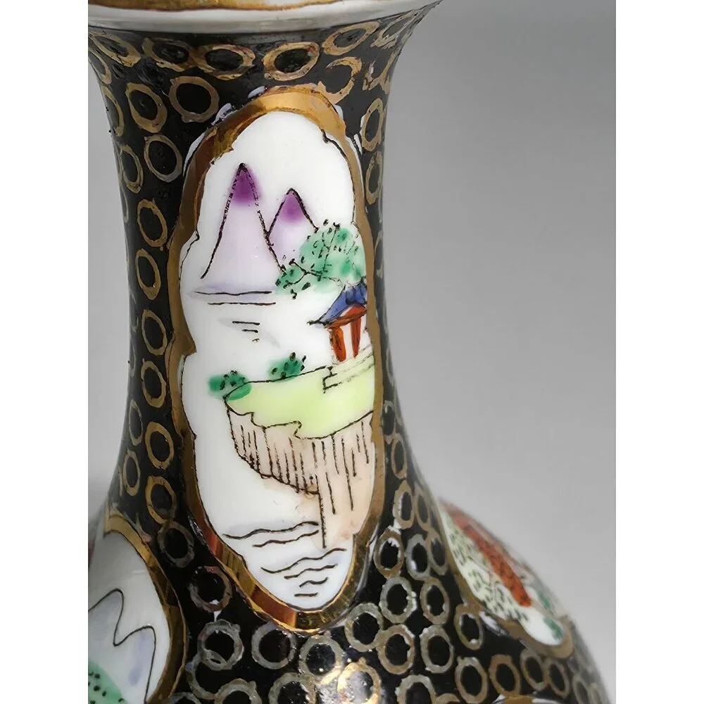 Vintage Hand Painted Porcelain Vase With Scenic Landscapes Gold Detailing